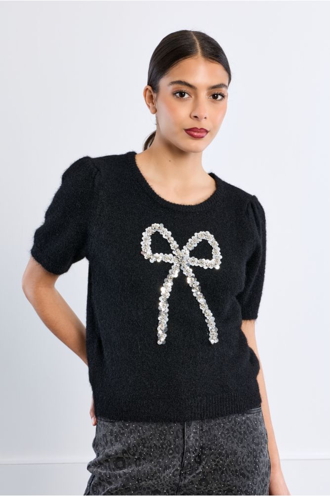 Short-sleeved Sweater, Sequin Bow