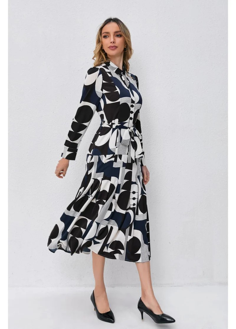 Abstract Harmony Navy White Midi Dress