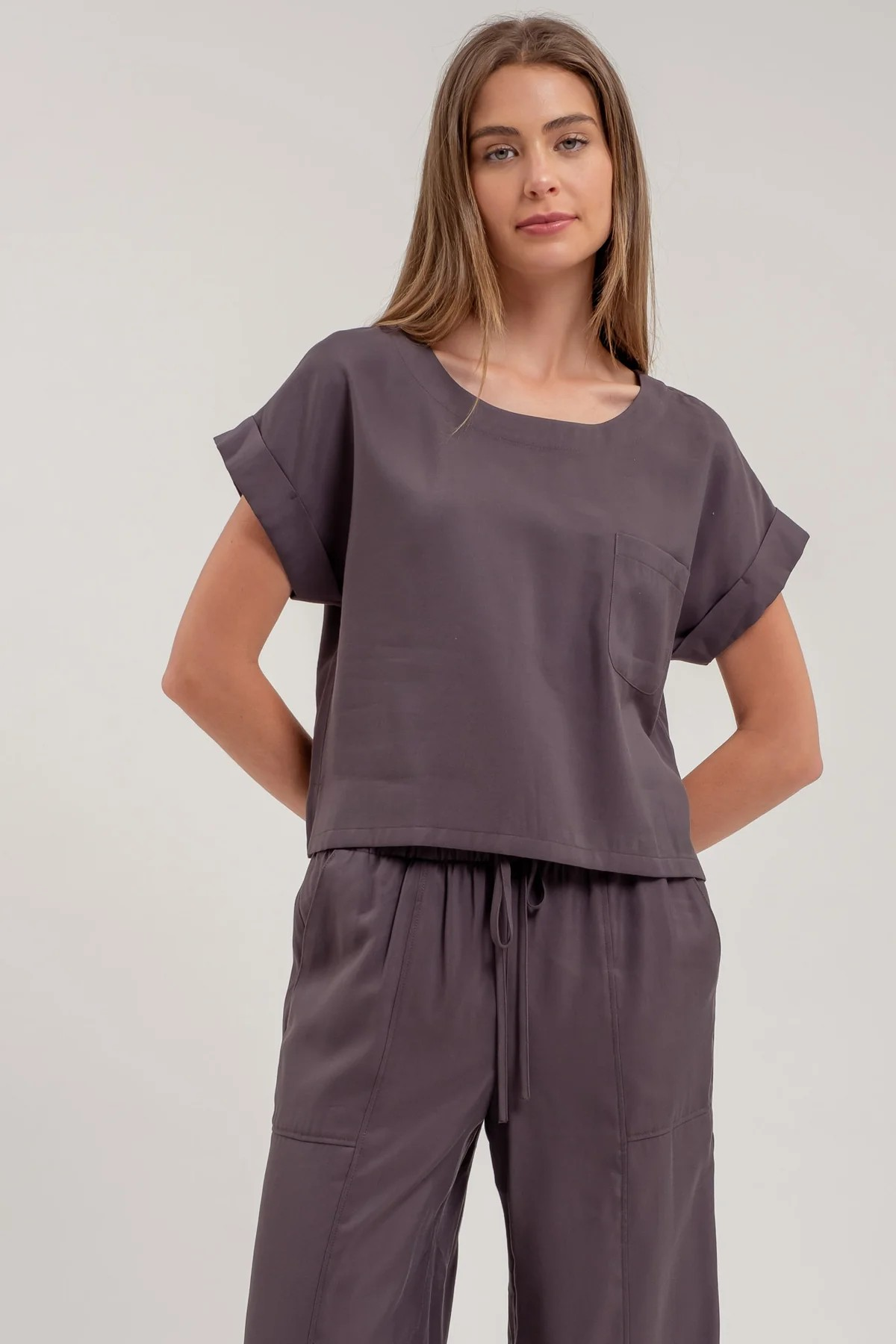 Solid Round Neck Short Cuff Sleeve Top