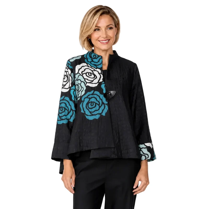 IC COLLECTION Textured Rose Garden Jacket in Blue - C1230J