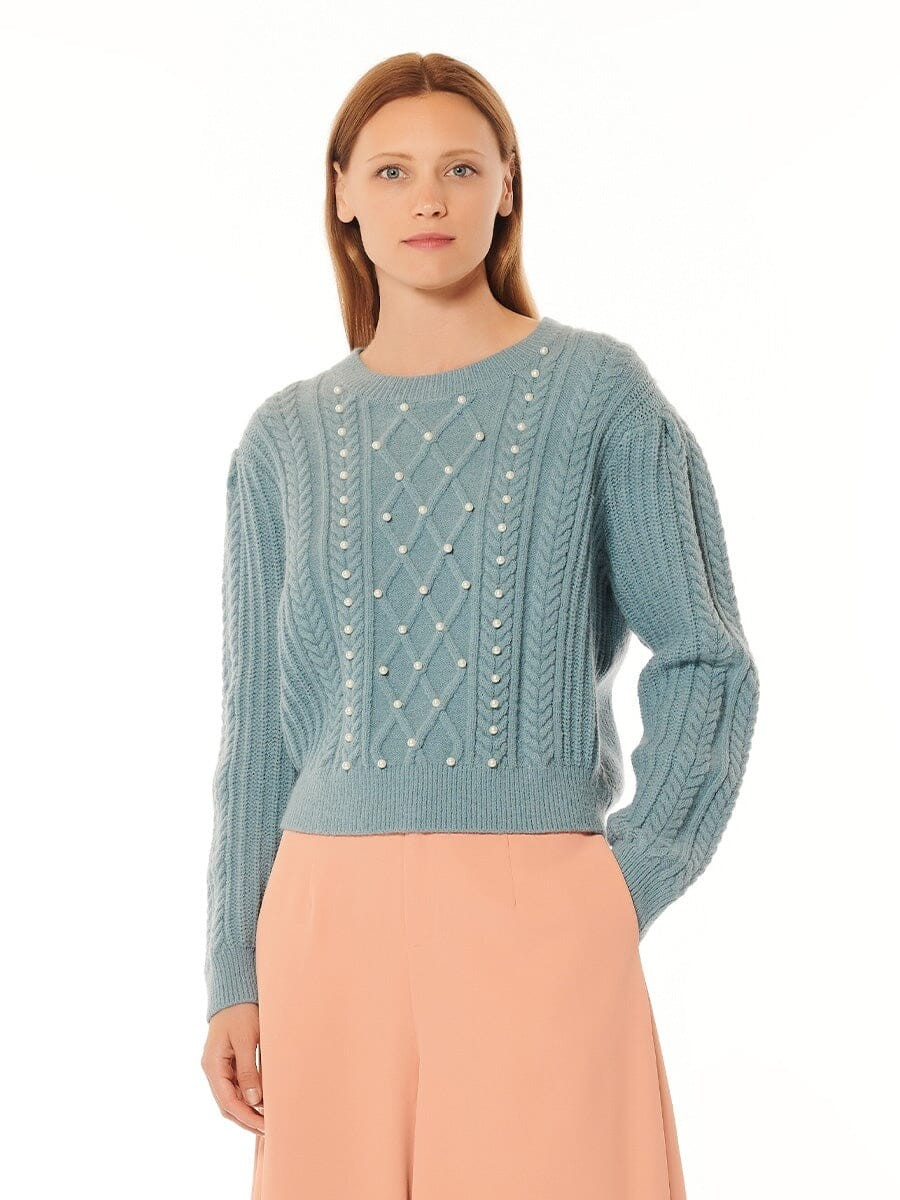 Bead Embellished Long Sleeve Cable-Knit Sweater – Unique