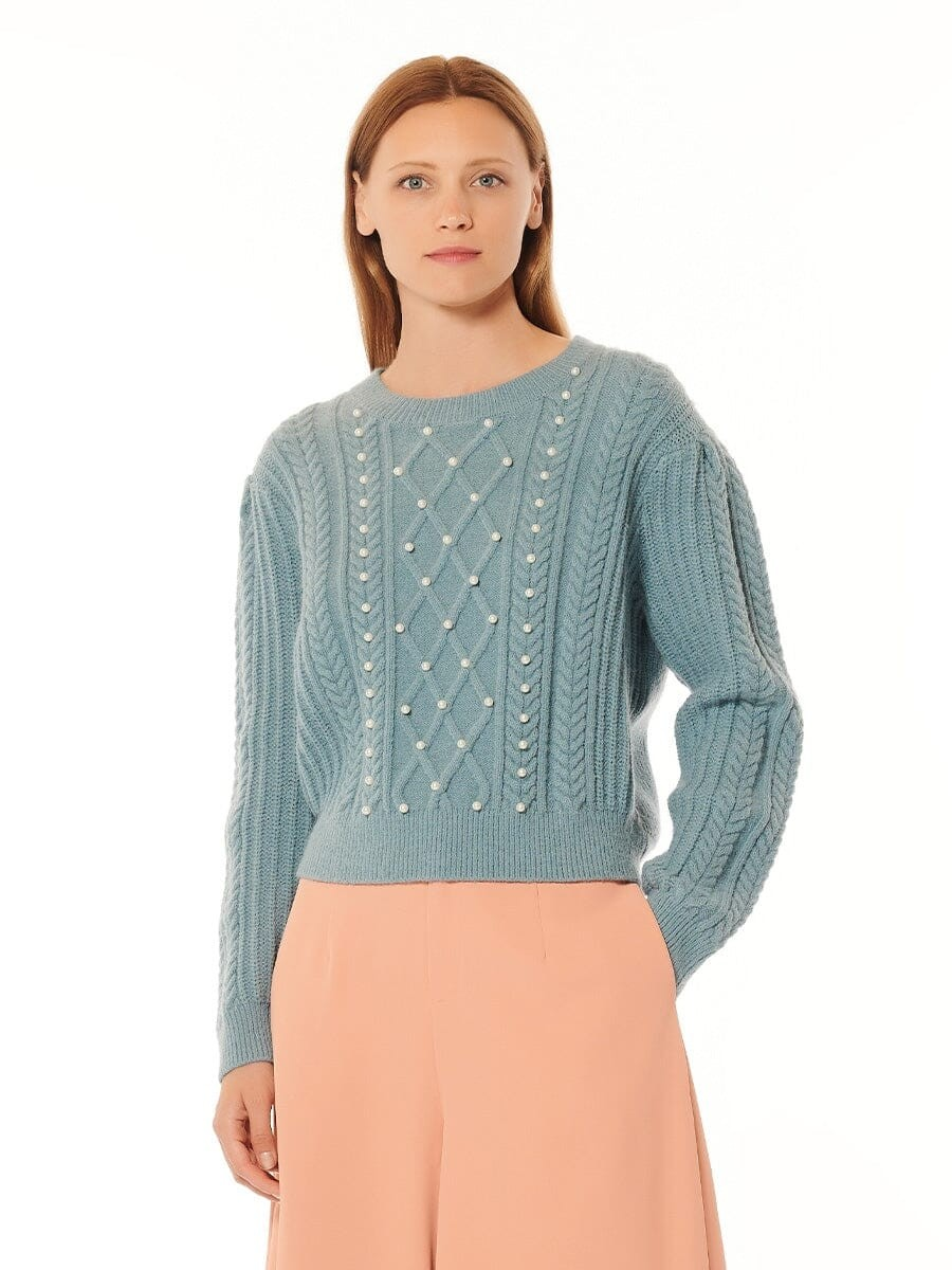 Bead Embellished Long Sleeve Cable-Knit Sweater