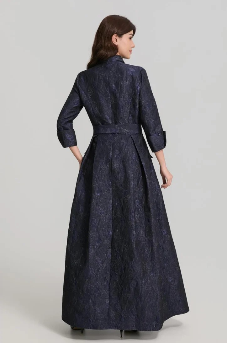 Metallic Navy Jacquard Long Sleeve Maxi Shirt Gown Dress with Sash