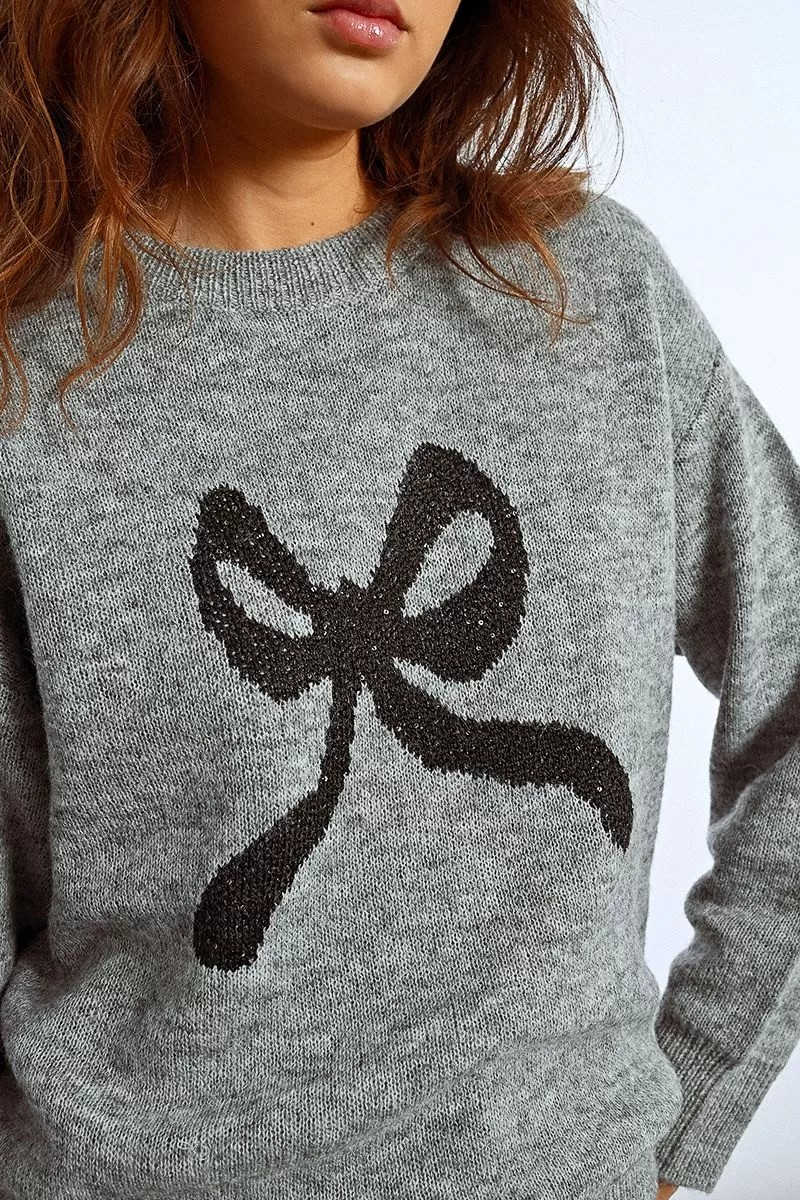 Knit Sweater  With Bow Print