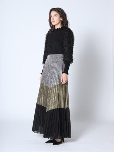 Three Metallic Color Blocked Pleated Maxi Skirt - Gracia S23504