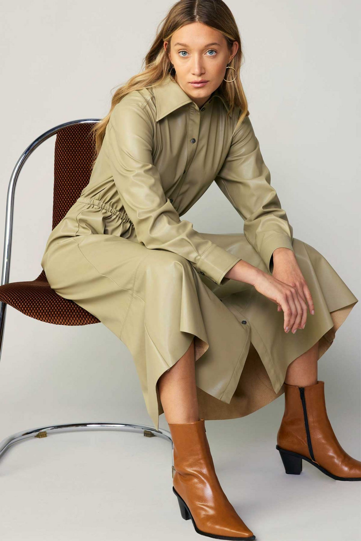 pleather shirt dress Metallic Vegan Leather Short Sleeve Dress Pearl / S